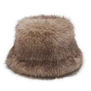 Detailed close-up of thick tan faux fox fur material on this winter bucket hat
