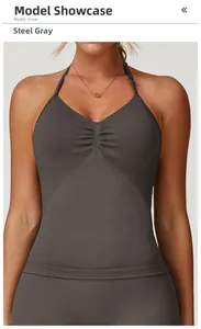 Detail of steel gray seamless yoga tank top with ruched neckline and thin straps