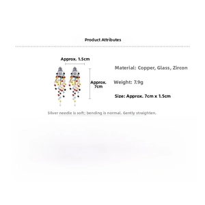 Close-up of colorful crystal tassel earrings with dimensions and material details