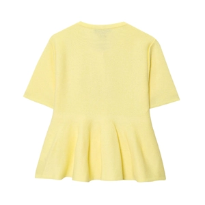 Gebreide top met korte mouwen in lichtgeel met ronde hals en geplooide peplum zoom