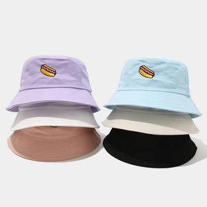 Cotton bucket hats with hot dog embroidery in six macaron colors for men and women