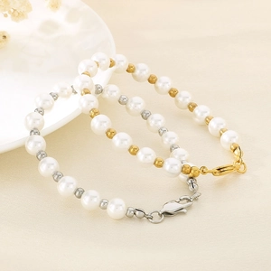 Elegant freshwater pearl beaded bracelet with titanium steel lobster clasp in gold and silver