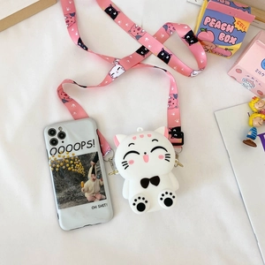 Cartoon white cat silicone shoulder bag with pink printed strap and smartphone for scale