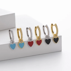 Chic 925 silver heart charm earrings set in light blue, red, and black enamel variants