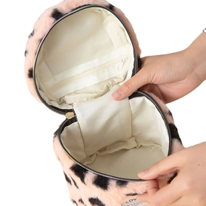Pink and black leopard print plush makeup bag with zipper and inner mesh pocket