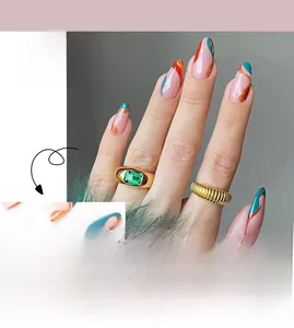 Detail of almond-shaped fake nails featuring pink base with geometric orange and green blocks