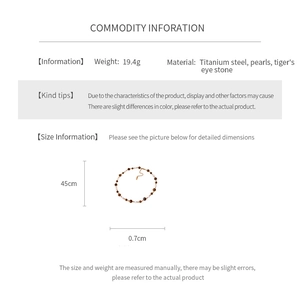 Detailed spec sheet showing vintage tiger eye and pearl necklace dimensions and materials