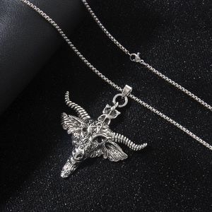 Silver bull head necklace with pentagram goat pendant and sturdy box chain jewelry