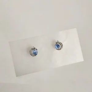 Blue Glass Cat Eye Stone Star Moon Stud Earrings For Women Copper Rhinestone Micro-Inlaid Starry Sky Mini Earrings Jewelry