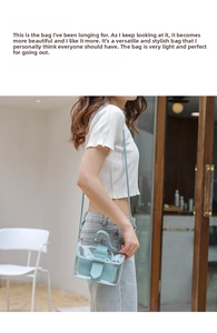Detailed view of mint blue transparent PVC handbag with inner pouch and shoulder strap