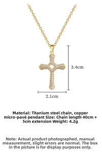 Titanium steel gold cross necklace with crystal pavé and 3.4cm by 2.1cm size markings