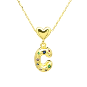 Detail of gold-plated 3D bubble letter C pendant with colorful zircon stones