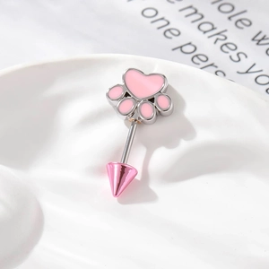 Pink cat paw ear stud with silver metal bar and cone-shaped pink metallic base