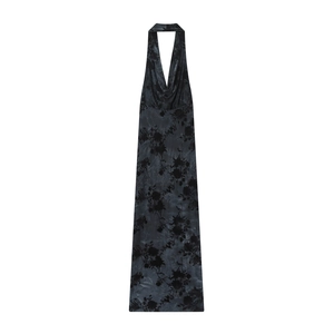 Abito lungo elegante con scollo all'americana e motivi floreali in grigio scuro