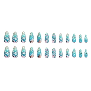 Blue ocean theme press on nails with starfish and seashell patterns in almond shape