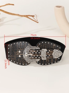 Close-up of black crocodile pattern belt with vintage buckle and size dimensions