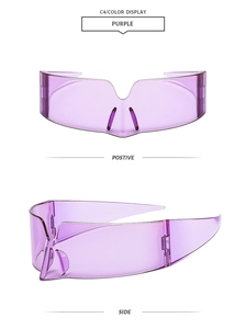 Futuristic purple rimless shield sunglasses with streamlined wrap-around technology design