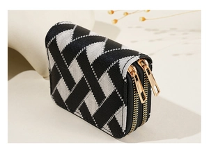 Close-up of a knitted accordion card holder with silver diamond pattern and dual gold zippers