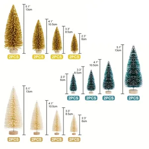 Size chart showing mini glitter cedar trees in gold and white with wood bases