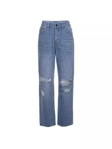 Women's light blue high-waisted distressed denim jeans with fringe rip details