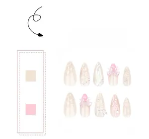 Détails de faux ongles amande avec nœuds 3D roses, perles et ailes de papillon en relief