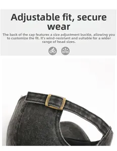 Detailed view of the adjustable metal slider buckle on a washed denim baseball cap