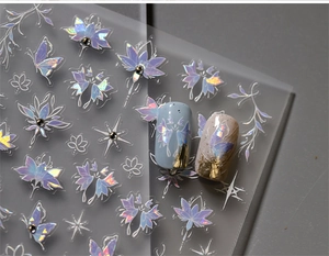 Holographic 5D butterfly nail decals with rhinestones and laser glitter effect