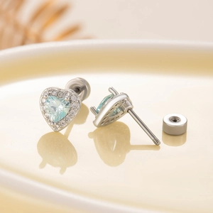 Light blue heart zircon stud earrings with silver titanium steel screw backs and pavé stones