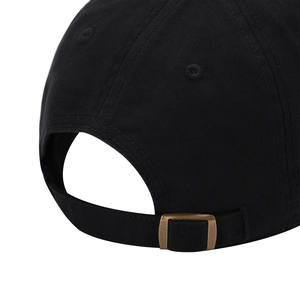 Classic black cotton baseball hat featuring adjustable bronze metal buckle at the back