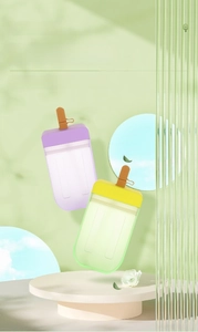 Close-up of 300ml ice cream shaped water bottles with straws and portable straps