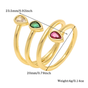 Detail view of colorful teardrop stone ring set with dimensions 23.5mm and weight 4g