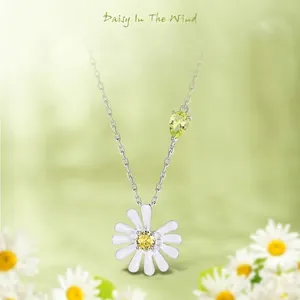 925 Sterling Silver Daisy Necklace For Women Zirconia Flower Pendant Necklace With Green Water Drop Stone Sweet Jewelry Gift