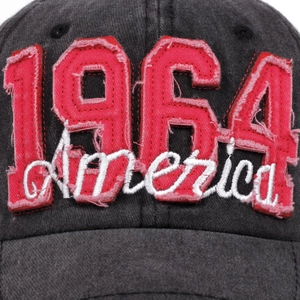 Vintage dark gray washed cotton baseball cap with 1964 America embroidery detail