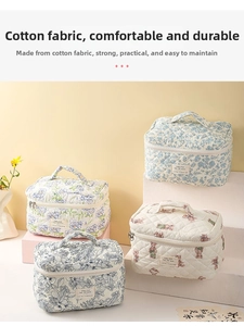 Quilted cotton floral cosmetic bags with vintage patterns and secure metal zippers
