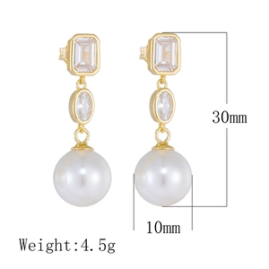 Detail view of pearl and zircon drop earrings showing dimensions 30mm length and 4.5g weight