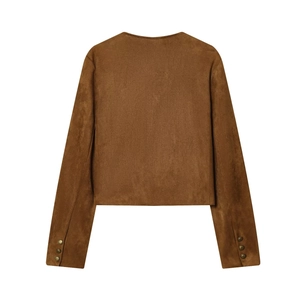 Brown faux suede short jacket for women featuring retro metal buttons on cuffs