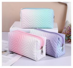 Detailed view of 3 gradient PU leather makeup bags with V-shaped quilted wavy patterns
