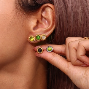 18K gold plated stainless steel sun cat eye stone earrings in multiple colors for women