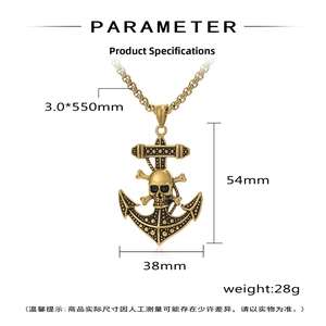 Detailed specifications of gold pirate anchor skull pendant with 550mm chain size