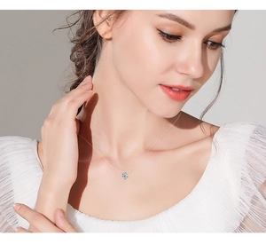 Detailed view of teardrop moissanite pendant on a transparent invisible necklace cord