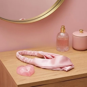 Detailed view of a soft pink silk twist headband on a rustic wooden tabletop