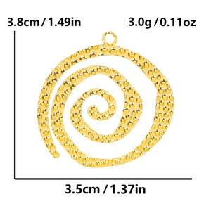 Detail view of golden spiral pendant with dimensions 3.8cm height and 3.5cm width