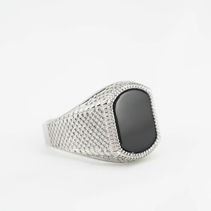 Men's vintage punk titanium steel ring with black rectangular stone and mesh texture