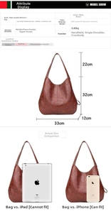 Detailed dimensions and internal capacity guide for the brown large leather tote bag
