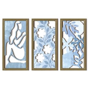 Set of three Nordic abstract wooden wall art panels with hollow leaf and figure patterns