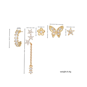 Detailed size specifications for 5-piece gold butterfly and flower earring set
