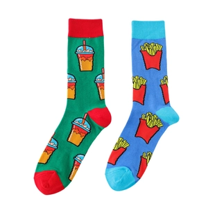 Detail of pixel art socks featuring colorful fast food soda and fries patterns