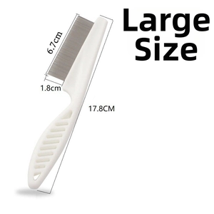 Detail view of pet flea comb with non-slip handle and dense 6.7cm metal teeth