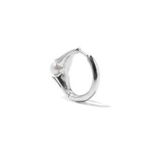 Detail view of a 925 sterling silver hoop earring with a small white pearl accent