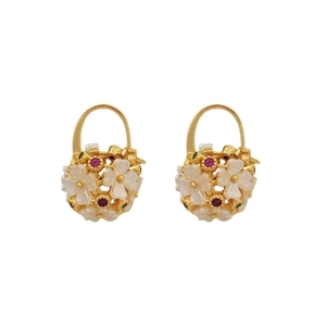 Elegant gold flower basket earrings featuring white petals and red gemstones on white background
